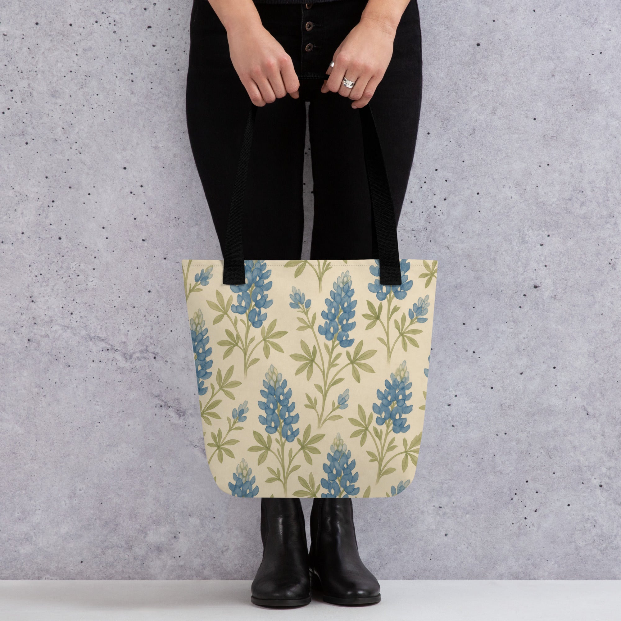 Bluebonnet print tote bag from Southern Botany Collection, perfect for carrying your essentials with Southern charm.