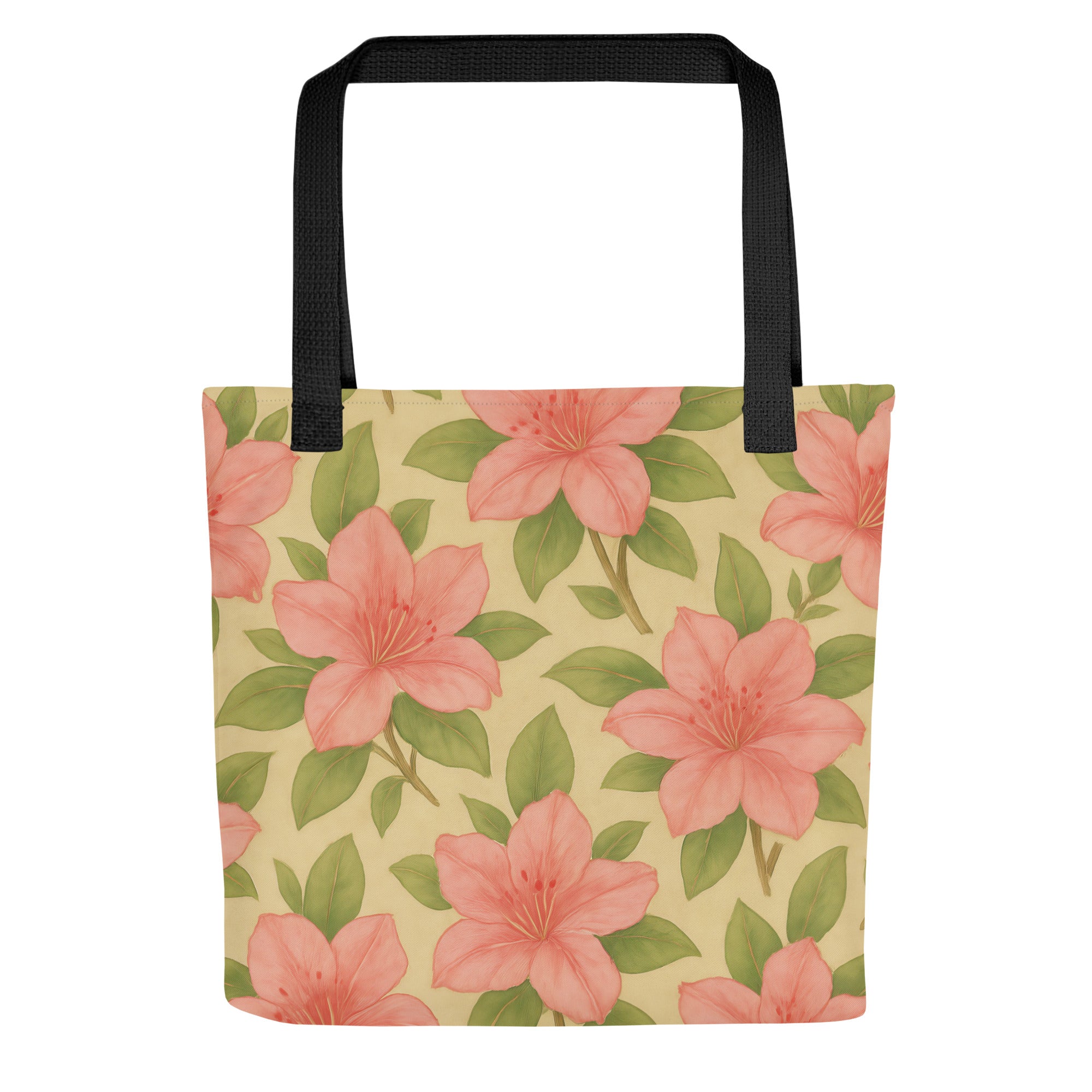 Azalea All-Over Print Tote Bag from Southern Botany Collection featuring pink flowers on a beige background.
