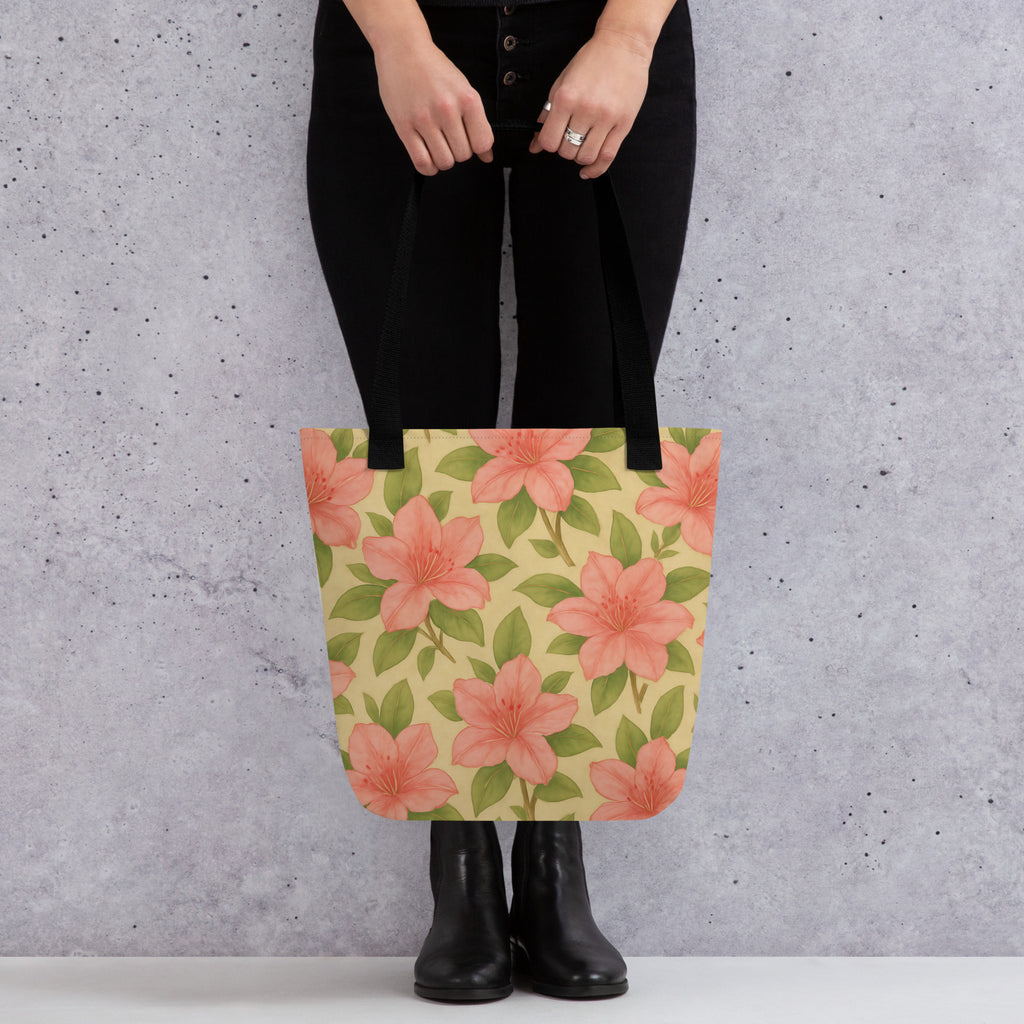 Azalea print tote bag from the Southern Botany Collection, showcasing vibrant flowers on a green background.