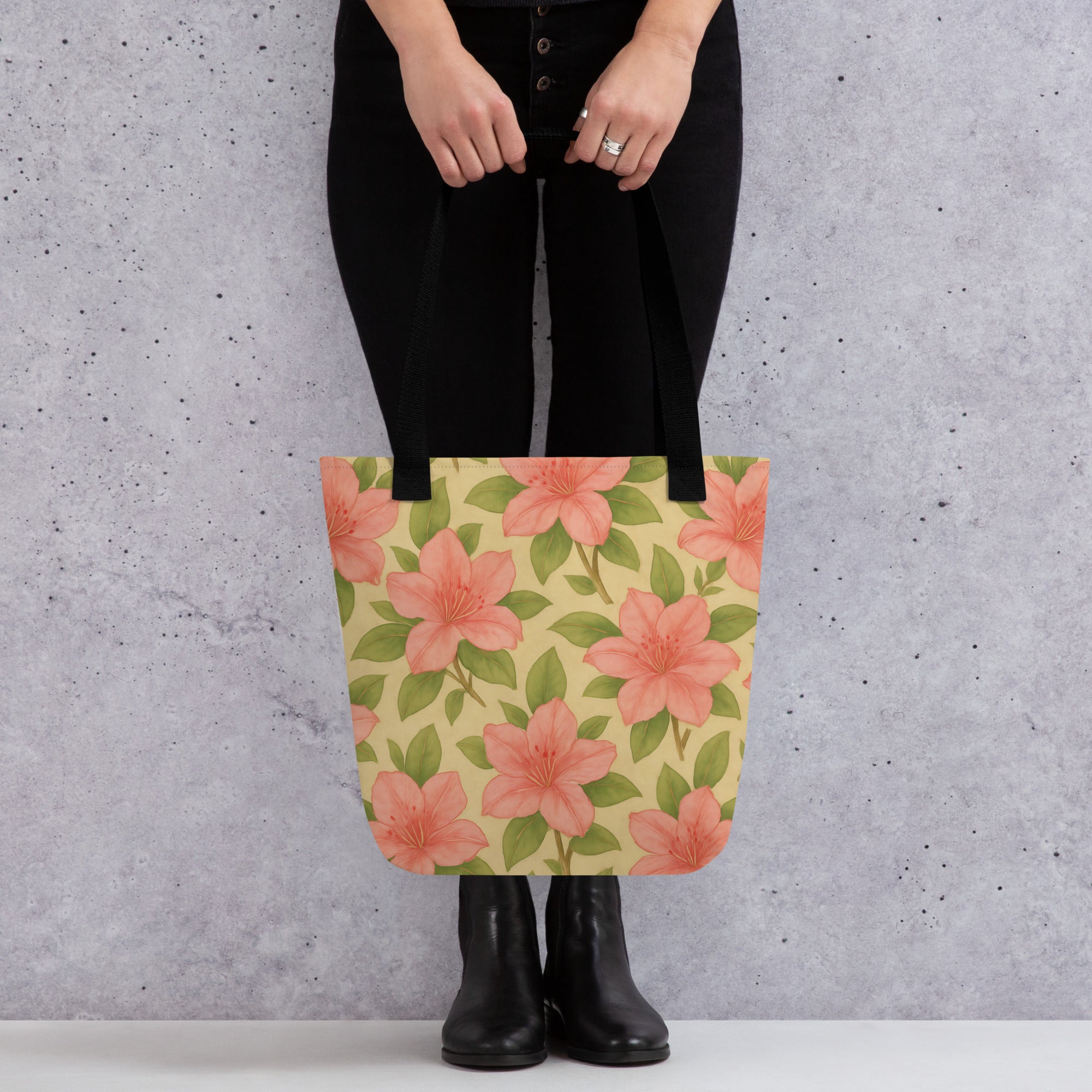 Azalea print tote bag from the Southern Botany Collection, showcasing vibrant flowers on a green background.