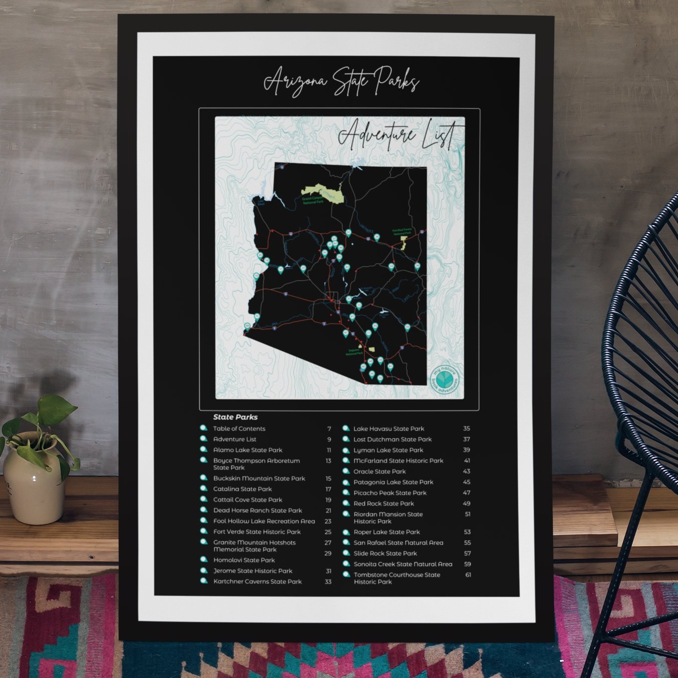 Arizona State Parks Adventure List poster featuring a map and checklist of 31 state parks to explore.