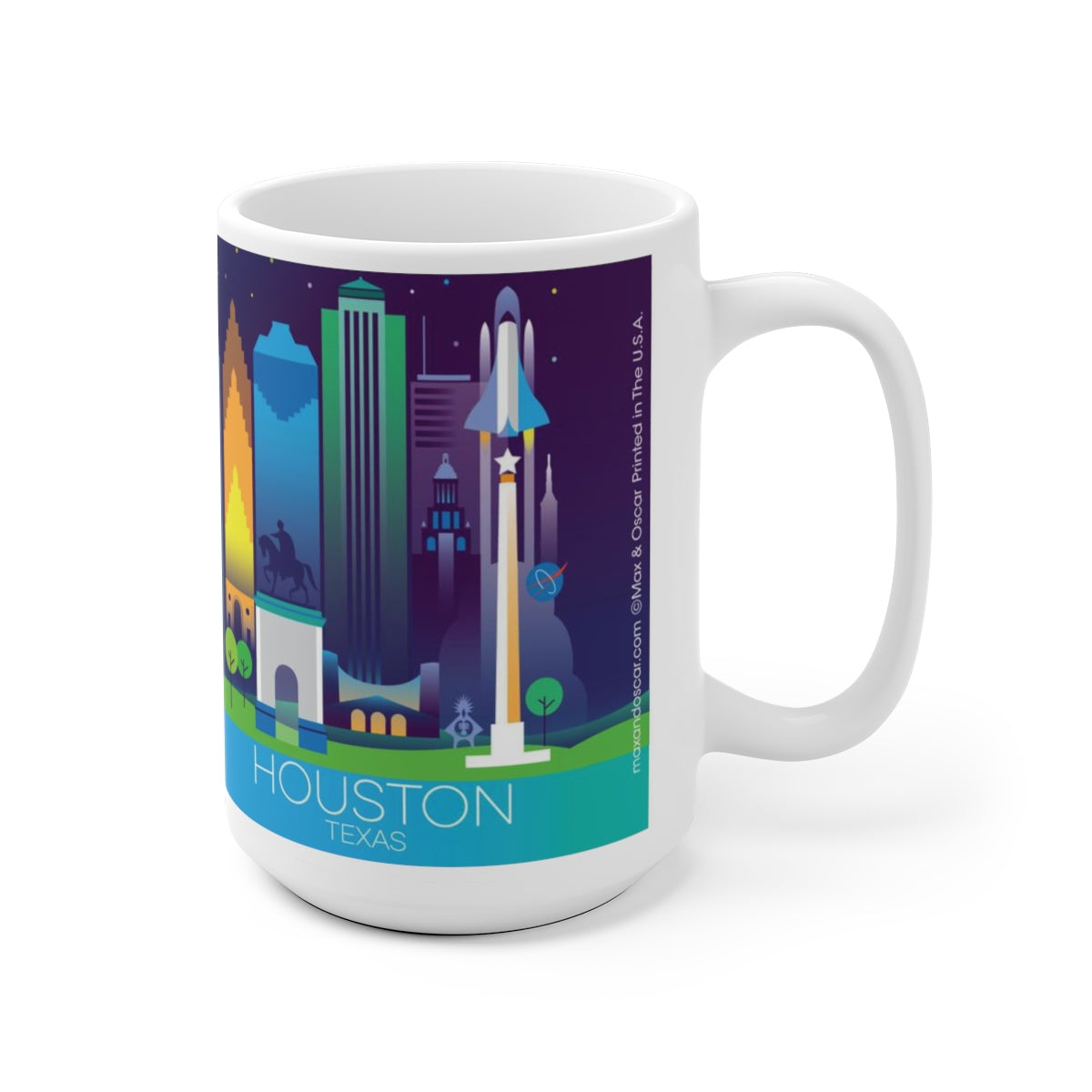 Houston themed ceramic mug featuring iconic skyline and rocket design, perfect for hot beverages.