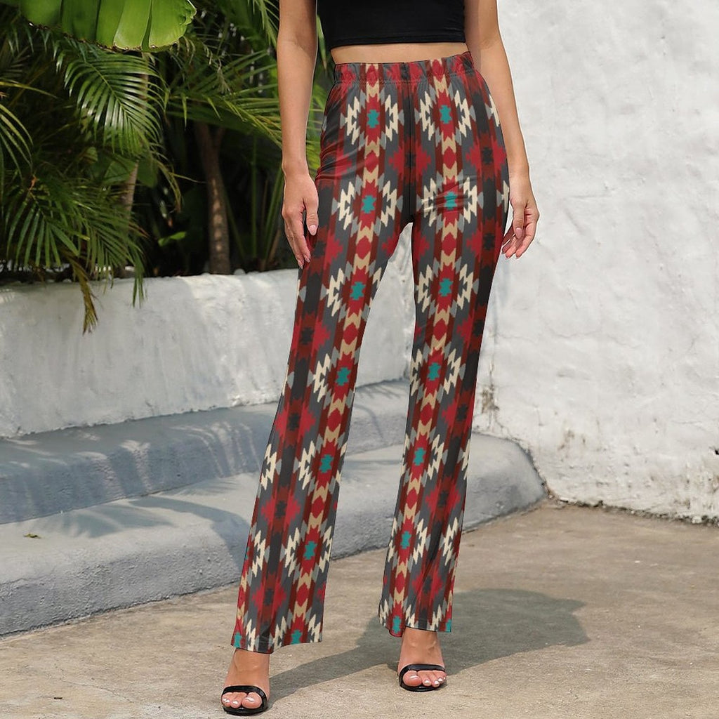 Sedona Aztec Flare Pants featuring southwestern patterns and high-waisted design in vibrant colors.