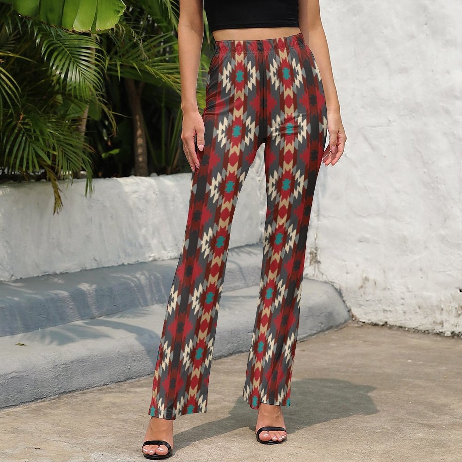 Sedona Aztec Flare Pants featuring southwestern patterns and high-waisted design in vibrant colors.
