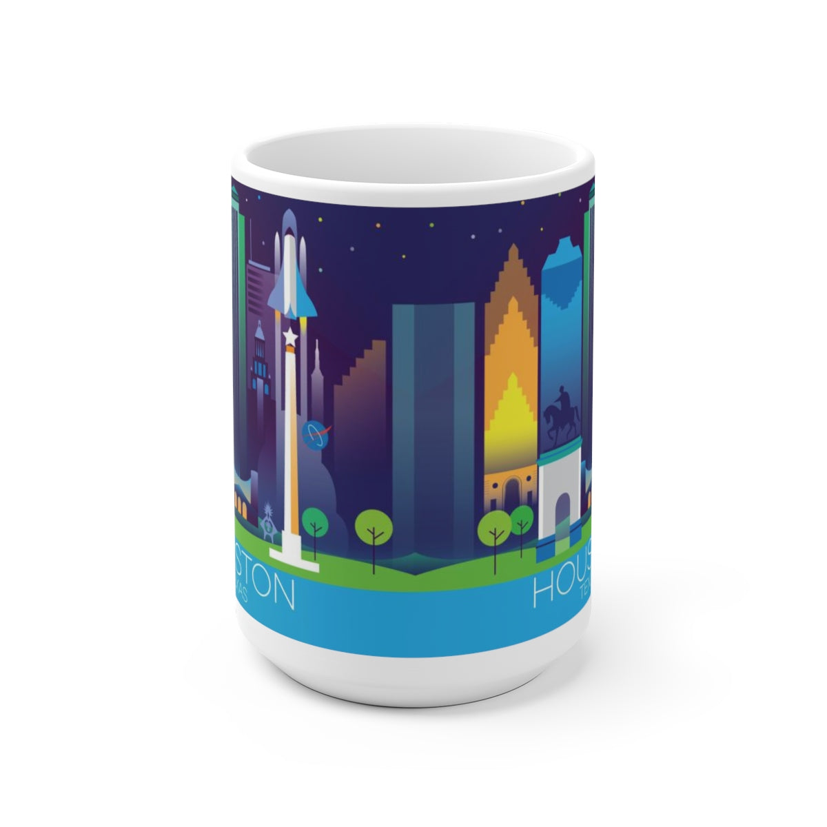 Colorful Houston-themed ceramic mug featuring iconic landmarks and a rocket design, ideal for hot beverages.