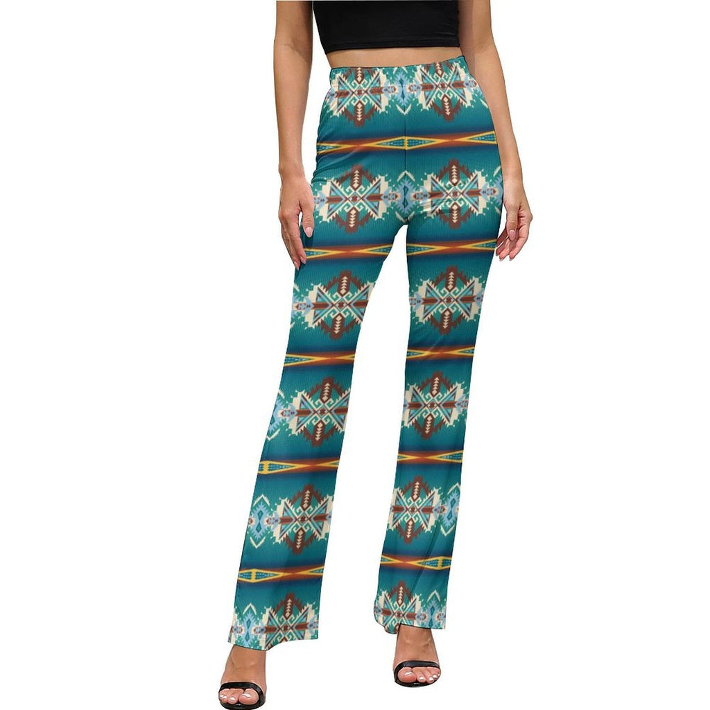 Teal Aztec Flare Pants featuring a vibrant southwestern pattern, perfect for festivals and stylish outfits.