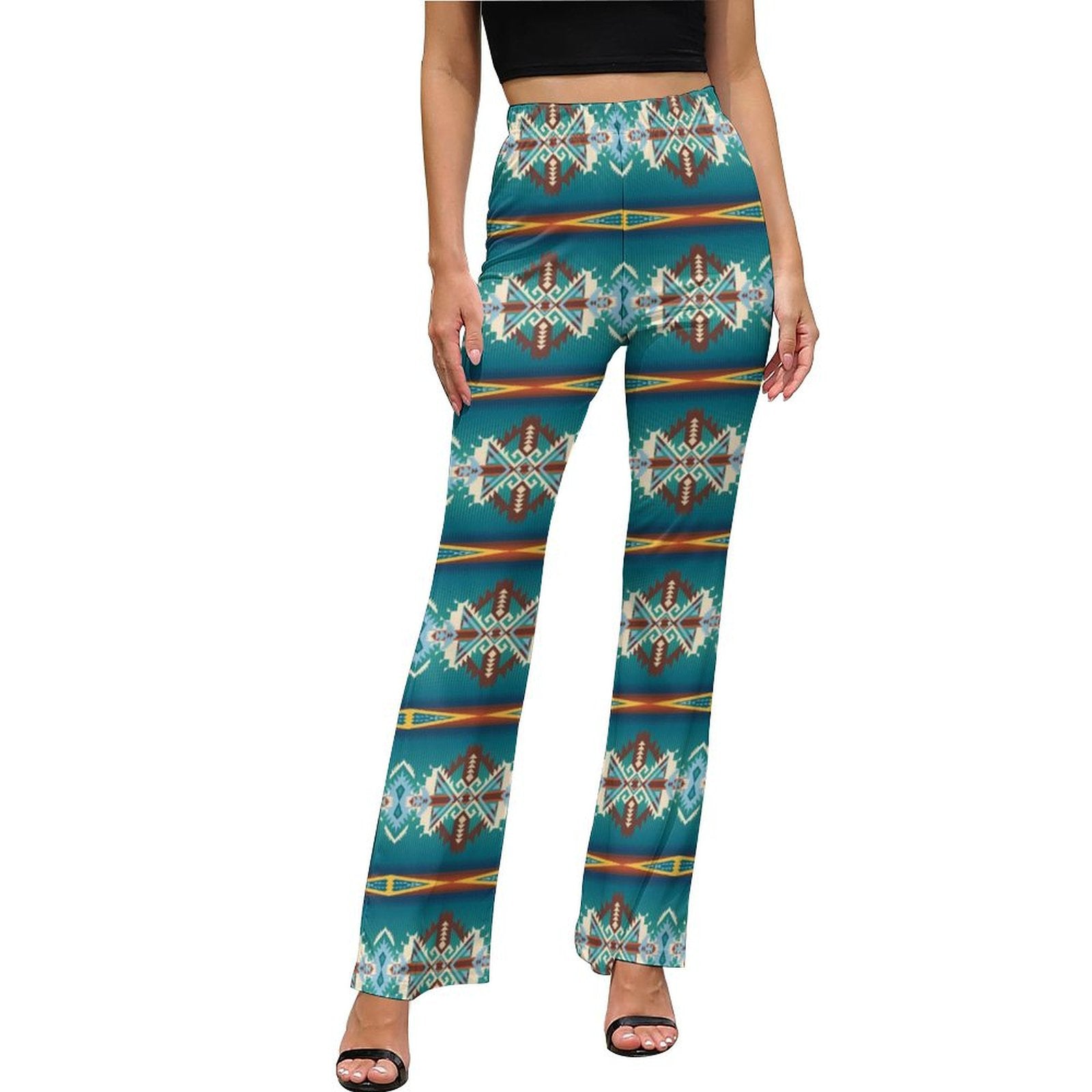 Teal Aztec Flare Pants featuring a vibrant southwestern pattern, perfect for festivals and stylish outfits.