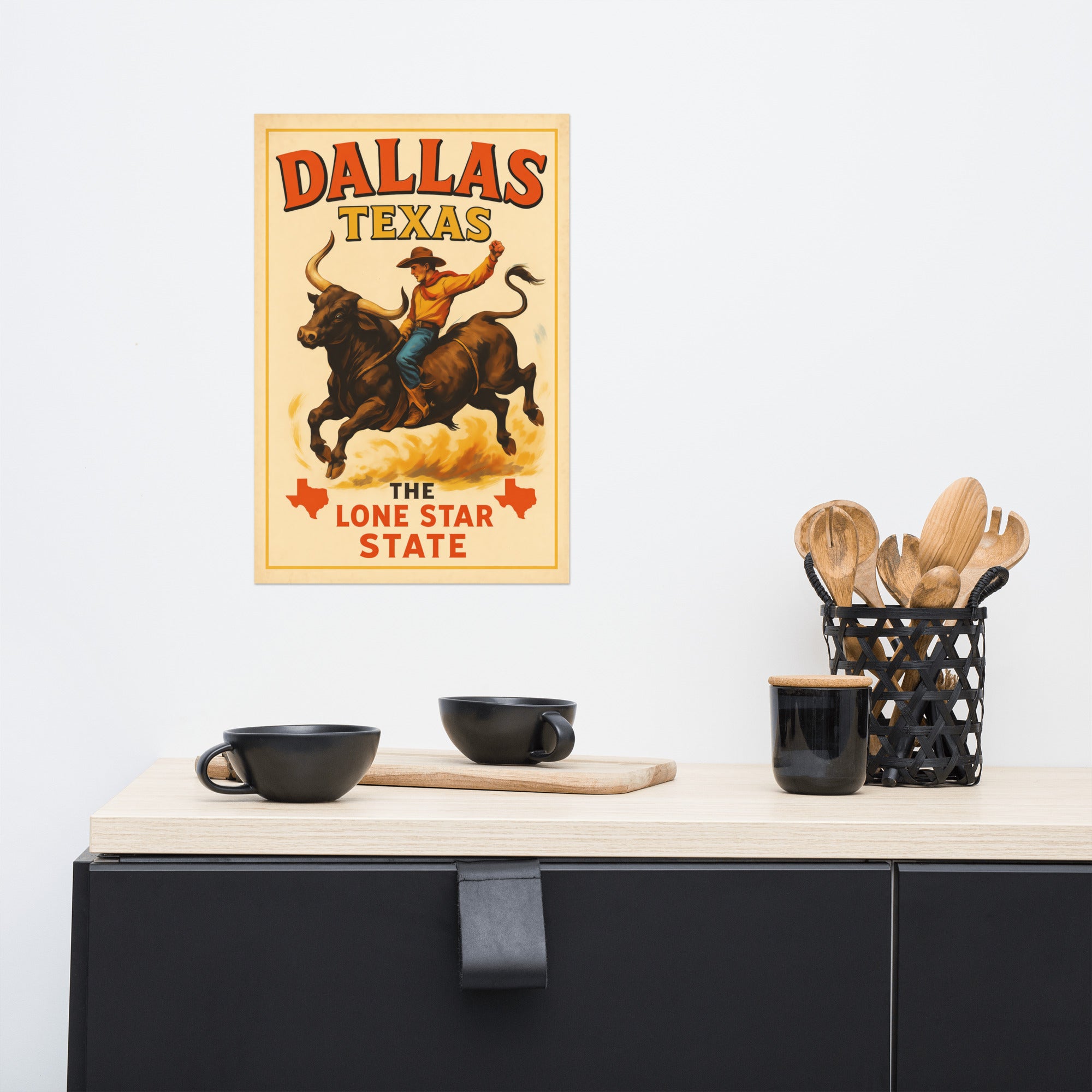 Dallas Texas vintage art print featuring cowboy on bull, celebrating Lone Star State, perfect for Western decor.