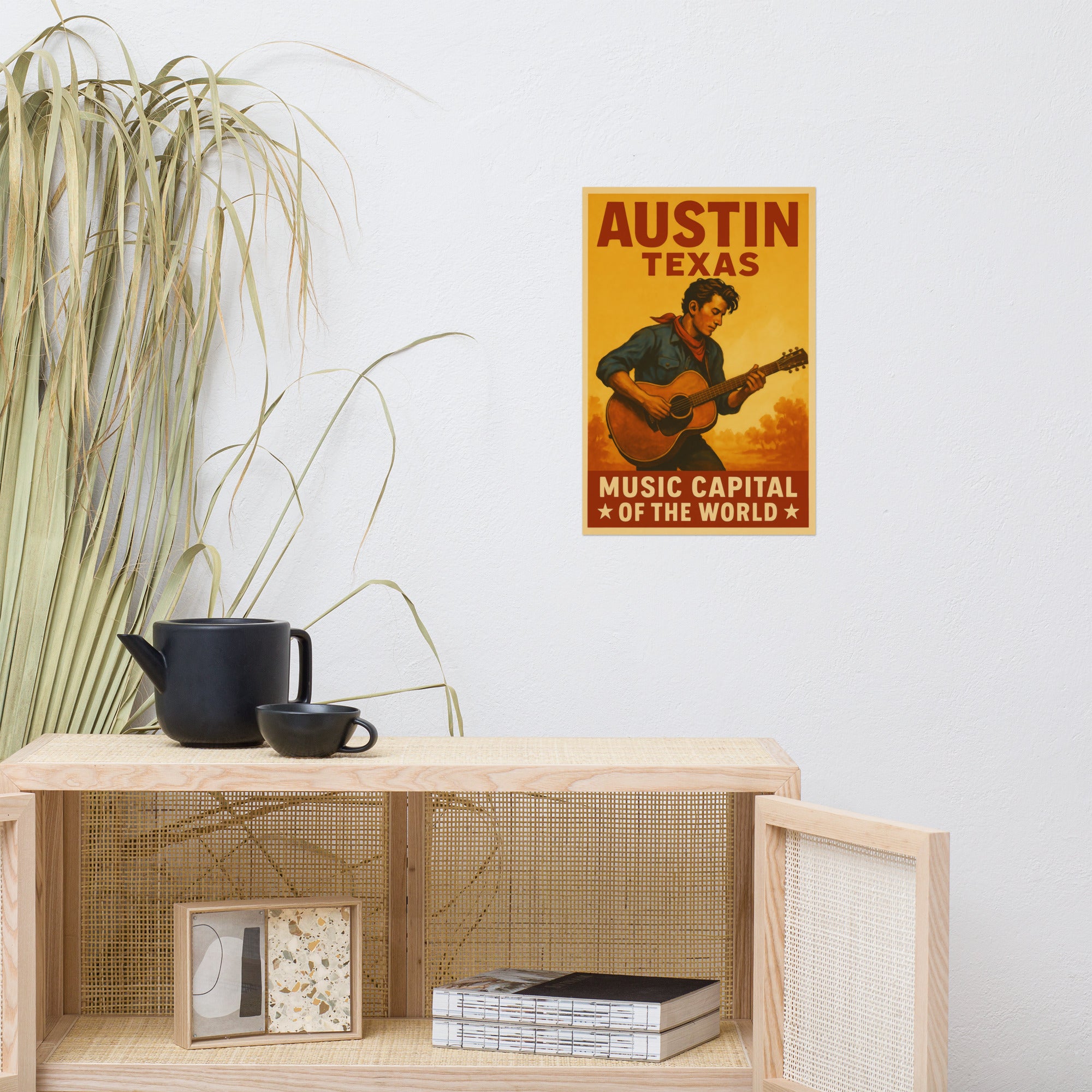 Vintage art print of Austin, Texas, featuring a musician playing guitar, celebrating the Music Capital of the World.