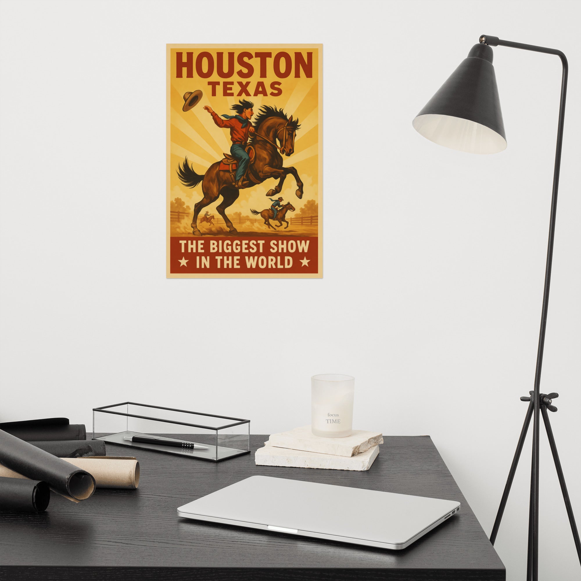 Houston vintage art print featuring cowboy on horse, celebrating The Biggest Show in the World spirit.