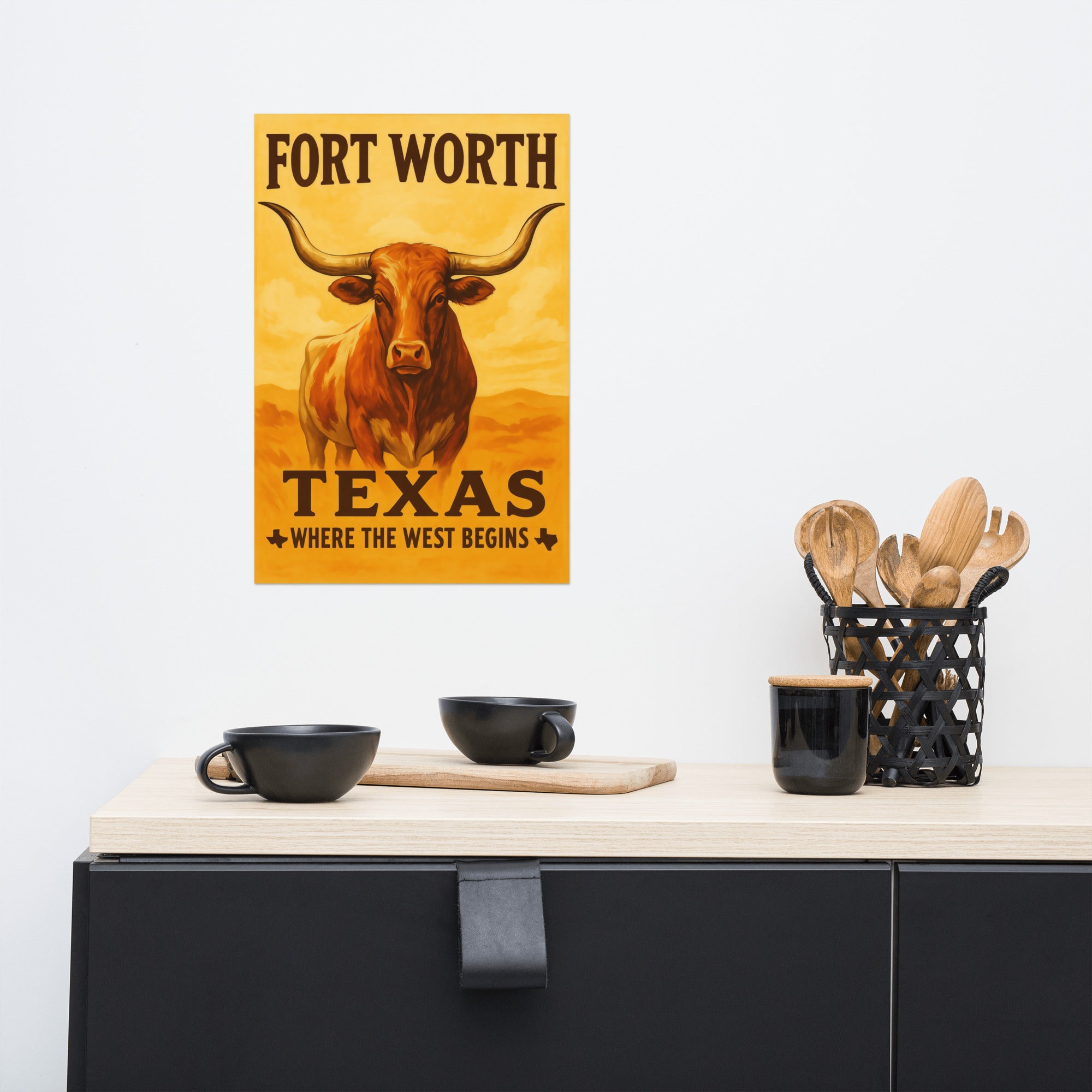 Vintage Fort Worth, Texas art print with longhorn in warm colors, celebrating cowboy heritage and Western spirit.