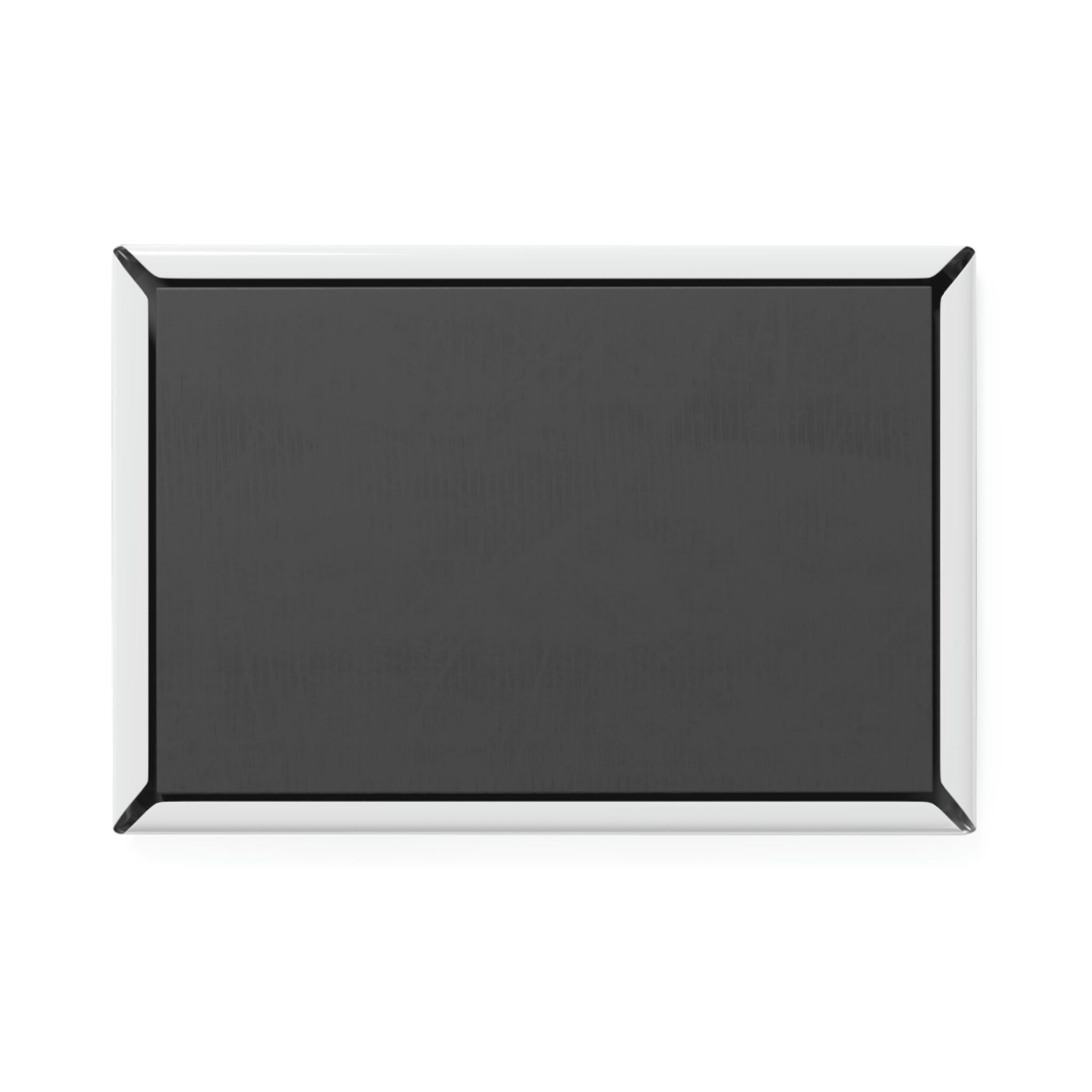 Rectangular black magnet with a metal shell front and magnetic backing, ideal for personalizing with custom designs.