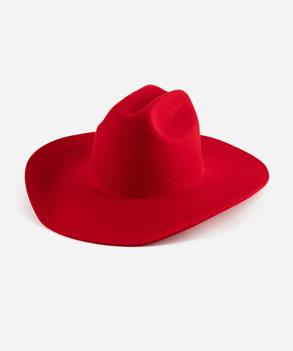 Bold red Teddy Cattleman cowboy hat with a wide brim, perfect for any country-inspired look.
