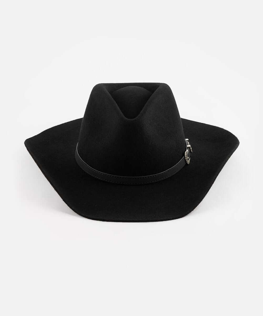 Dean Rancher Cowboy Hat featuring a sculpted crown, mid-length brim, leather band, and silver buckle detailing.