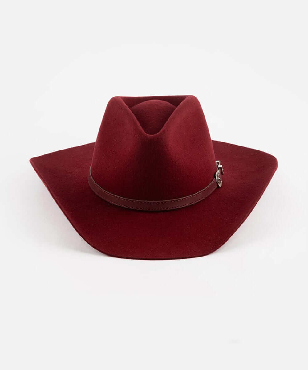 Dean Rancher Cowboy Hat in burgundy with a pinched crown and leather band, perfect for adding Western charm.
