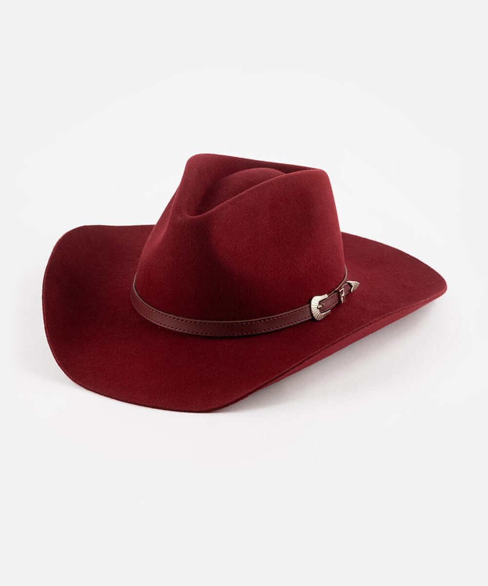 Dean Rancher Cowboy Hat in burgundy with a leather band and silver buckle for stylish Western look.