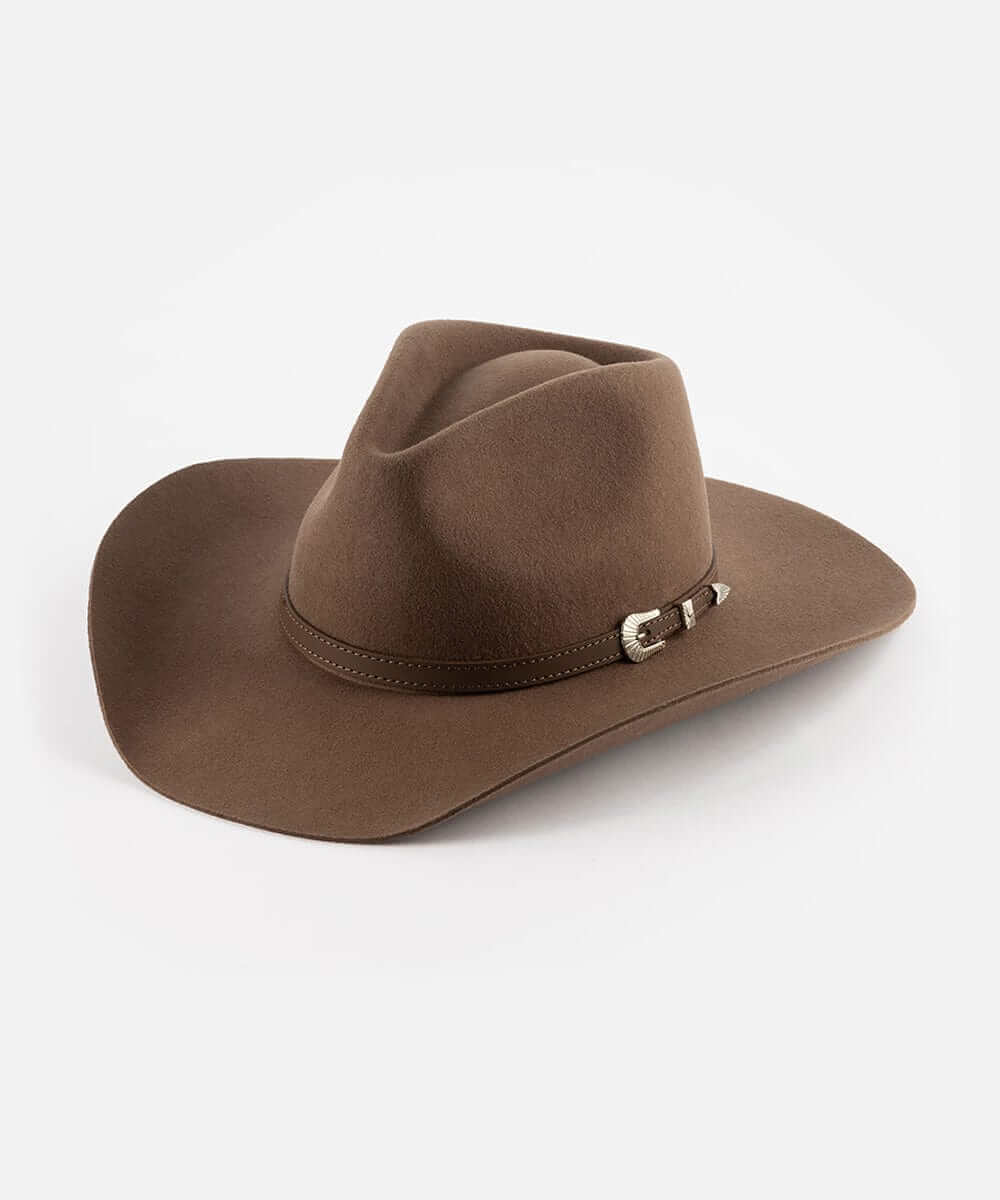 Dean Rancher Cowboy Hat in brown with a sculpted crown and leather band for classic Western style.
