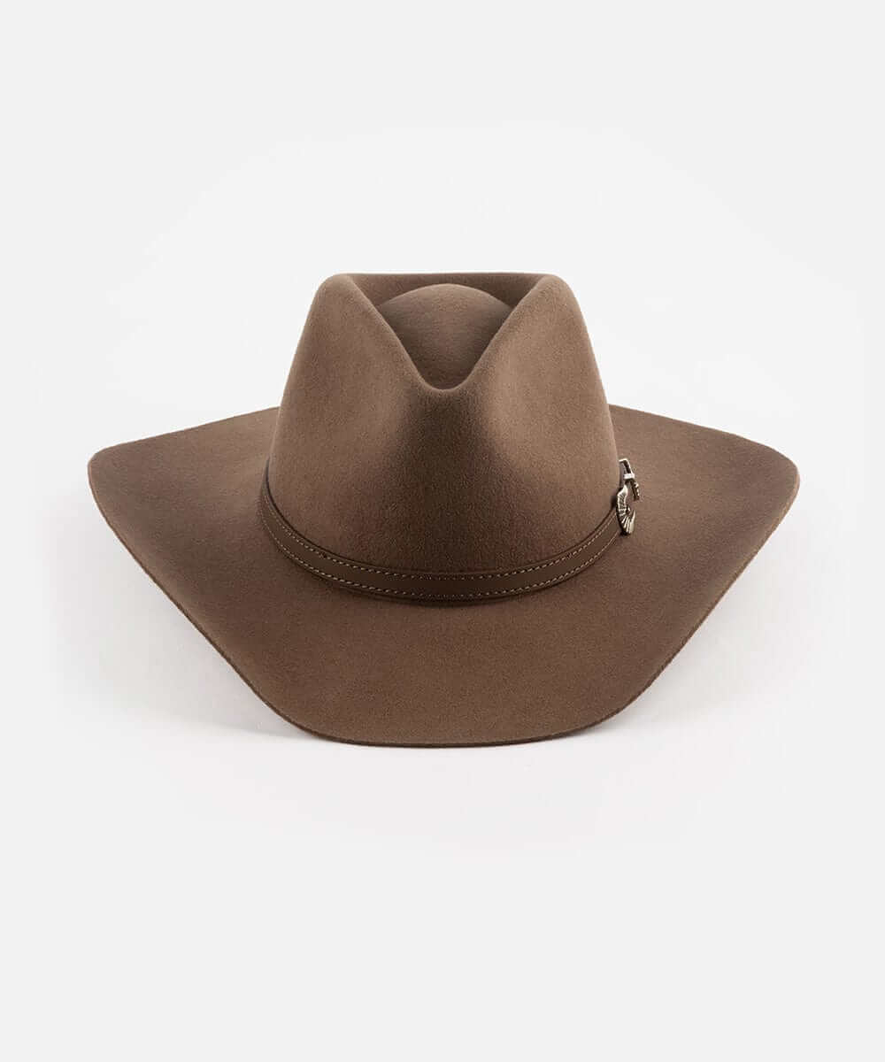 Dean Rancher Cowboy Hat in brown with sculpted crown and leather band, perfect for adding Western charm to any outfit.