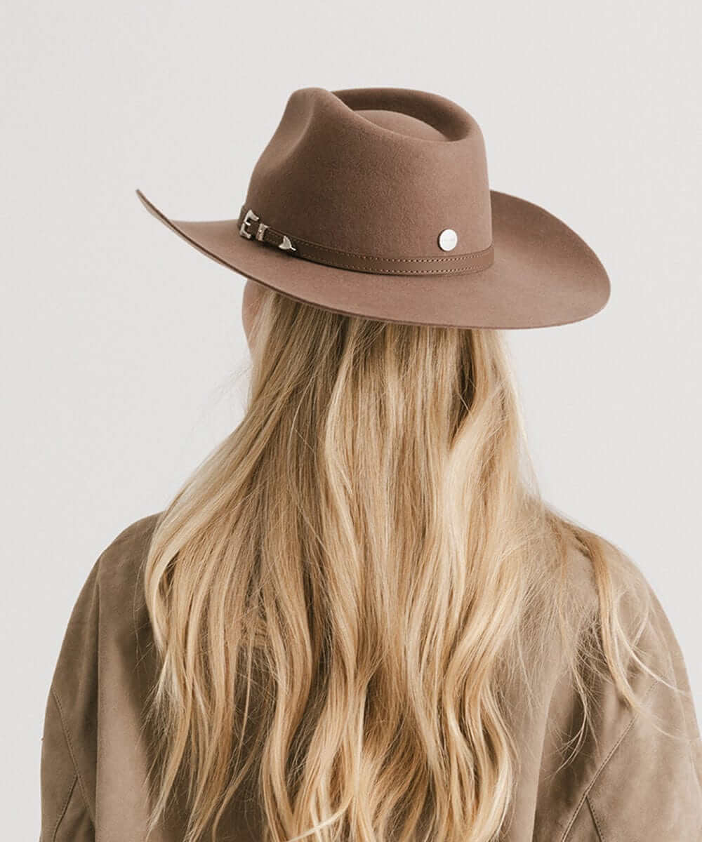 Women's Dean Rancher Cowboy Hat featuring leather band and silver buckle detail, embodying classic Western charm.