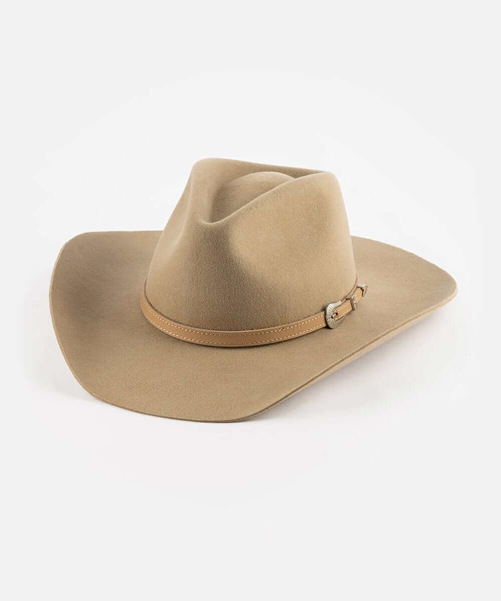 Dean Rancher Cowboy Hat featuring a sculpted pinched crown and genuine leather band, perfect for Western-inspired looks.