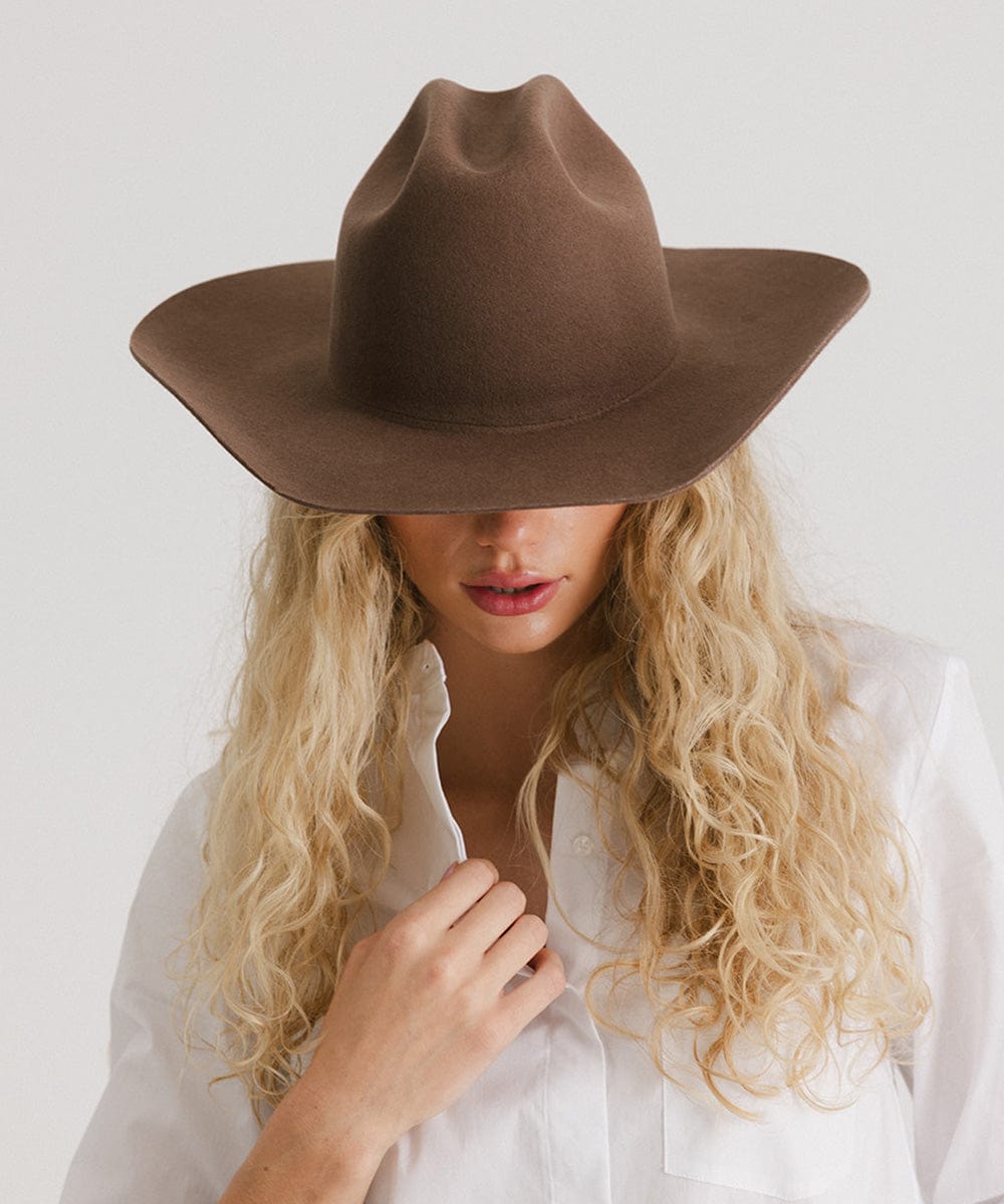 Teddy Cattleman Cowboy Hat in brown, styled with a classic western cattleman crown for a bold cowgirl look.