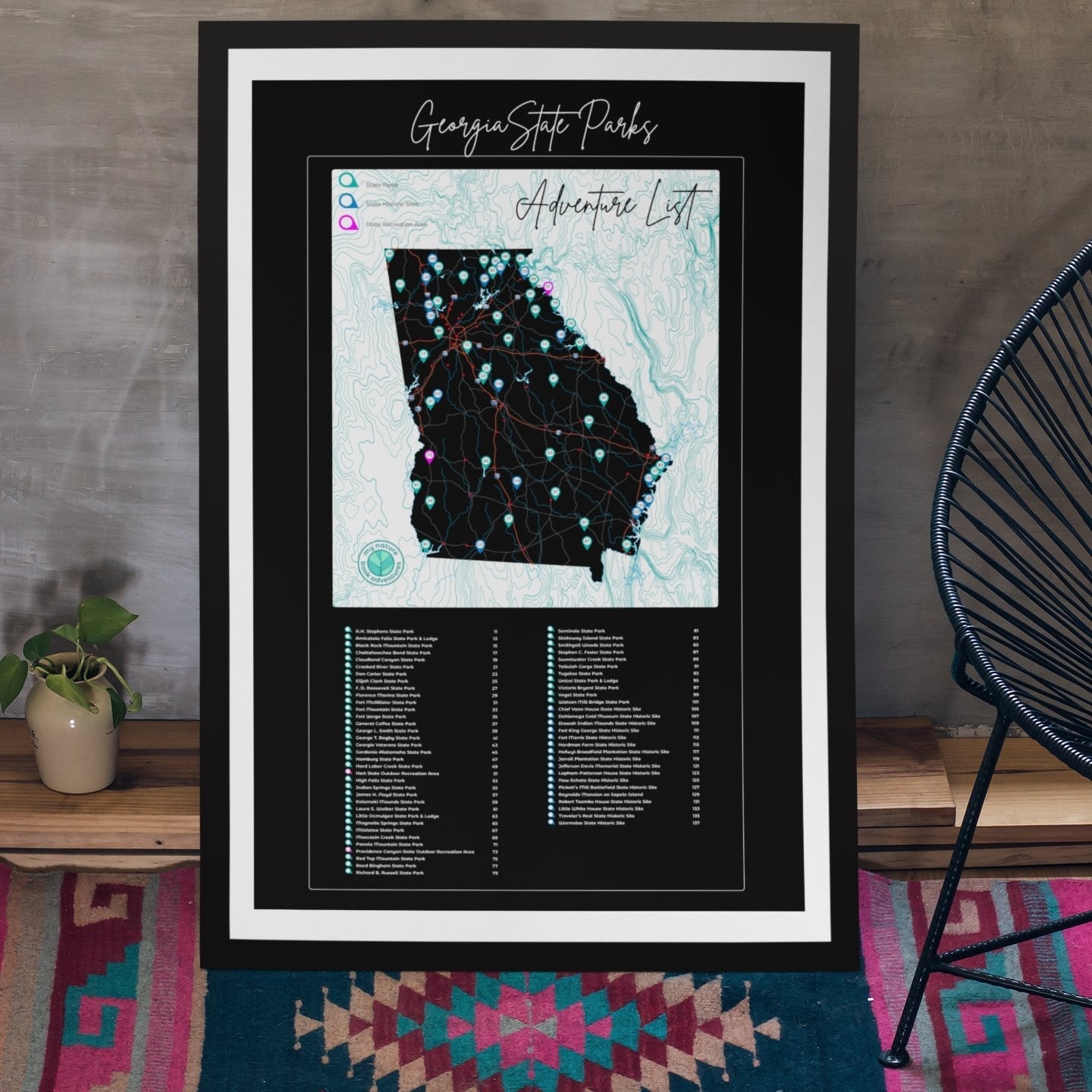 Interactive Georgia State Parks Adventure List poster with a map and checklist for exploring parks.