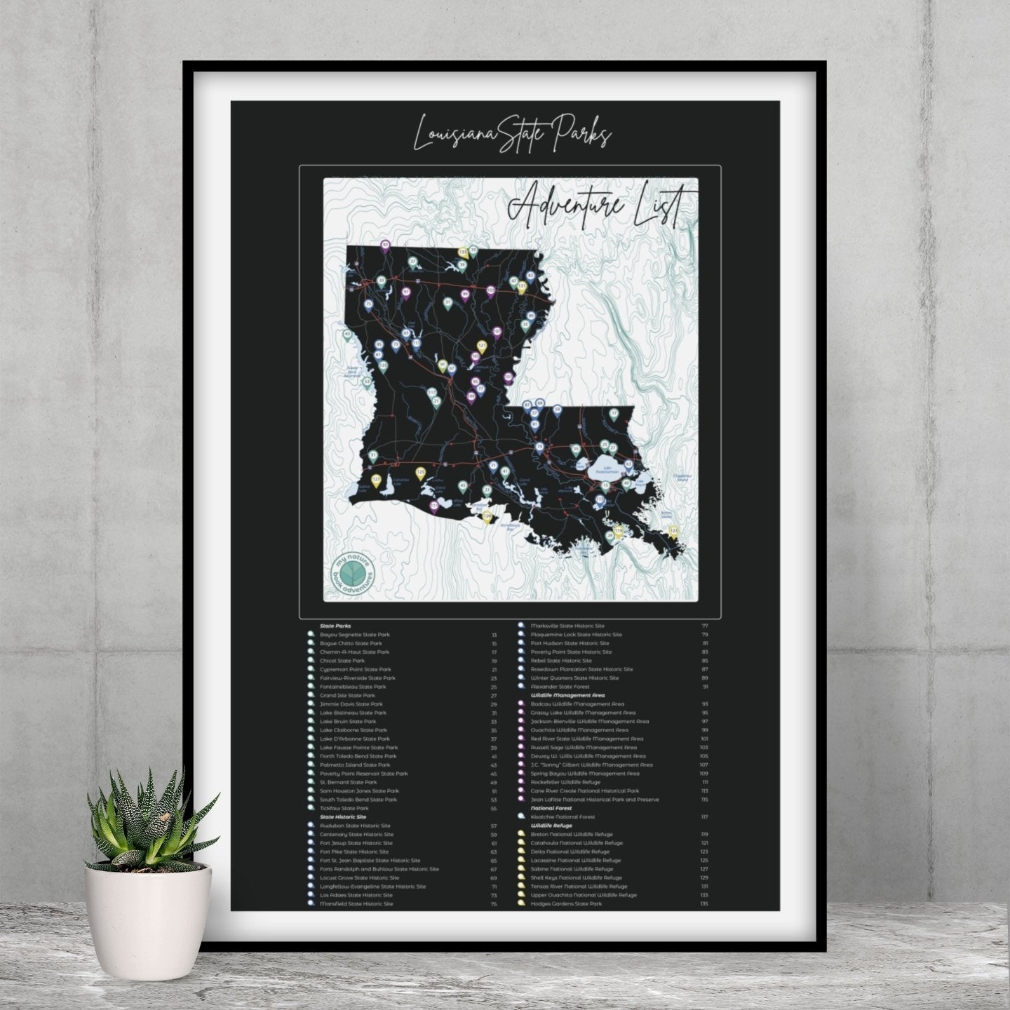 Louisiana State Parks Adventure List Poster featuring a map of parks with an interactive checklist.