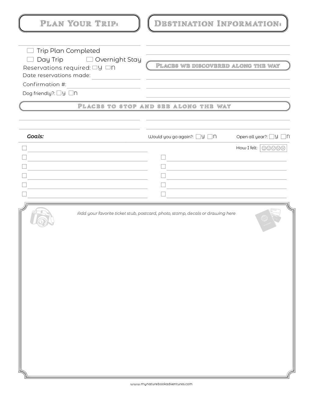 Planning page for Texas Adventure Book, featuring trip goals and destination details for memorable adventures.