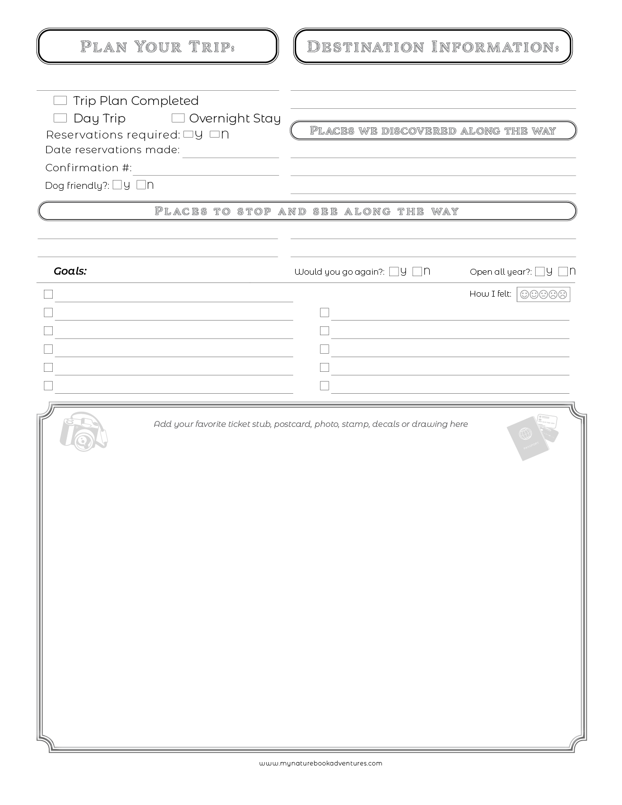 Planning page for Texas Adventure Book, featuring trip goals and destination details for memorable adventures.