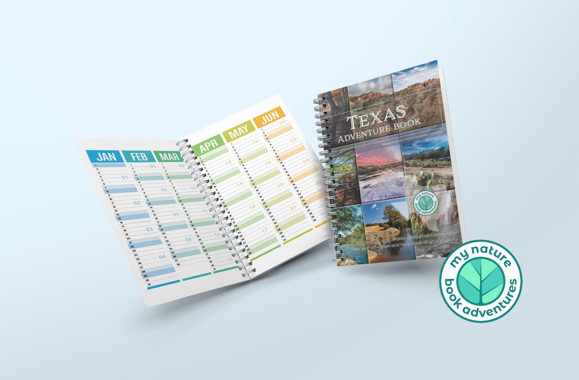 Texas Adventure Book open showcasing monthly planner and scenic cover, perfect for planning your adventures.