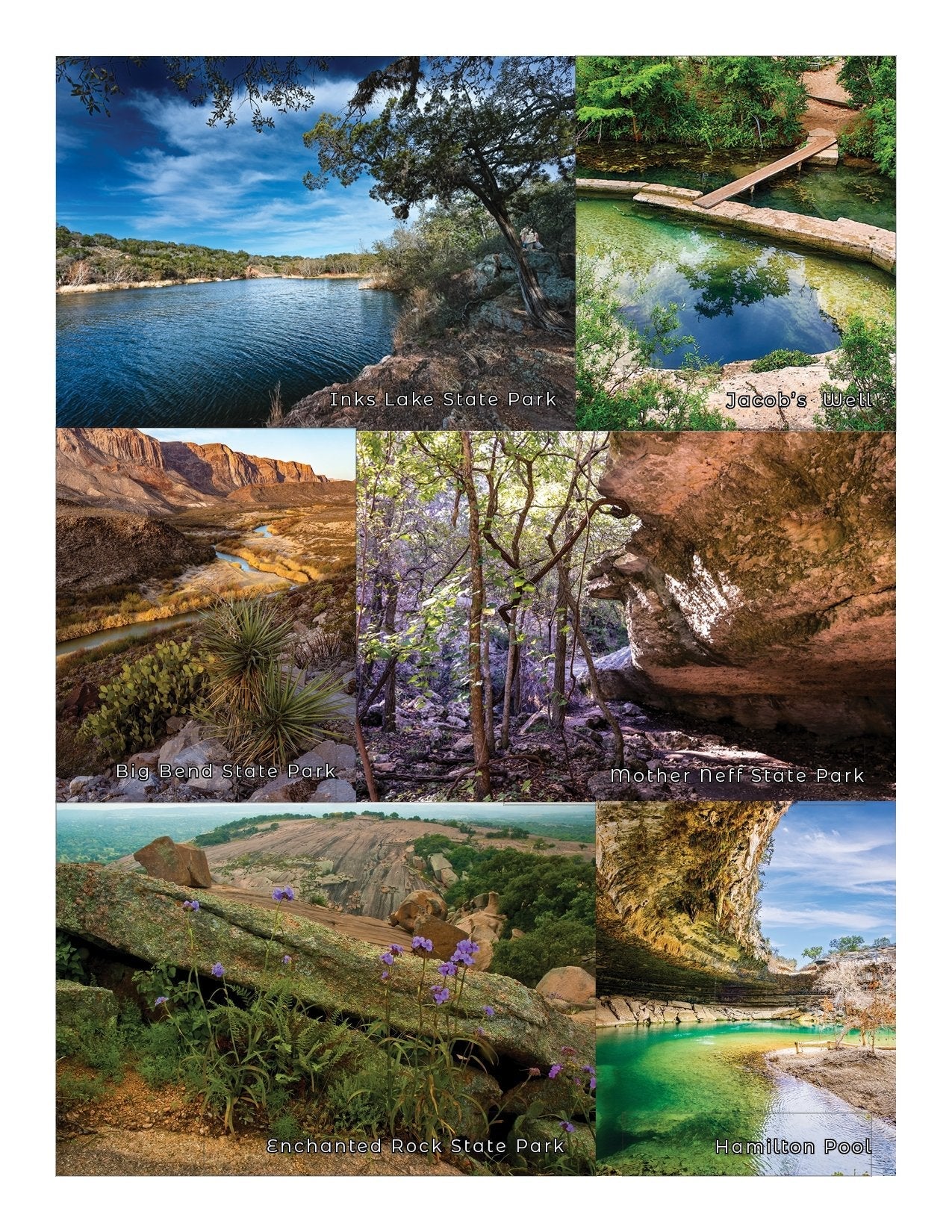 Explore Texas's stunning state parks: Inks Lake, Jacob's Well, Palo Duro, Mother Neff, Enchanted Rock, and Hamilton Pool.