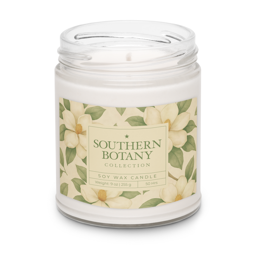 Magnolia scented candle from Southern Botany Collection, 9 oz, featuring elegant floral design.