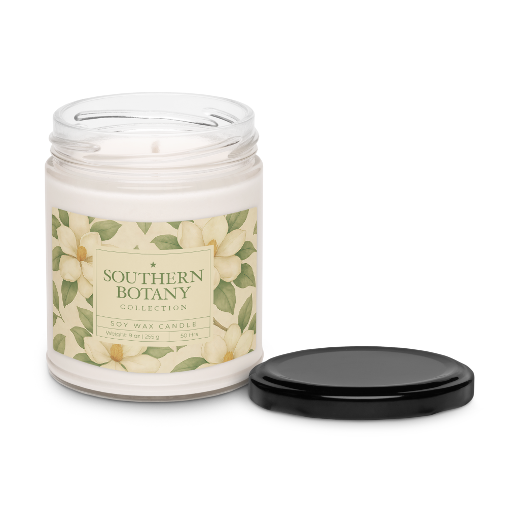 Magnolia candle from Southern Botany Collection, featuring elegant floral design in a 9 oz glass jar.