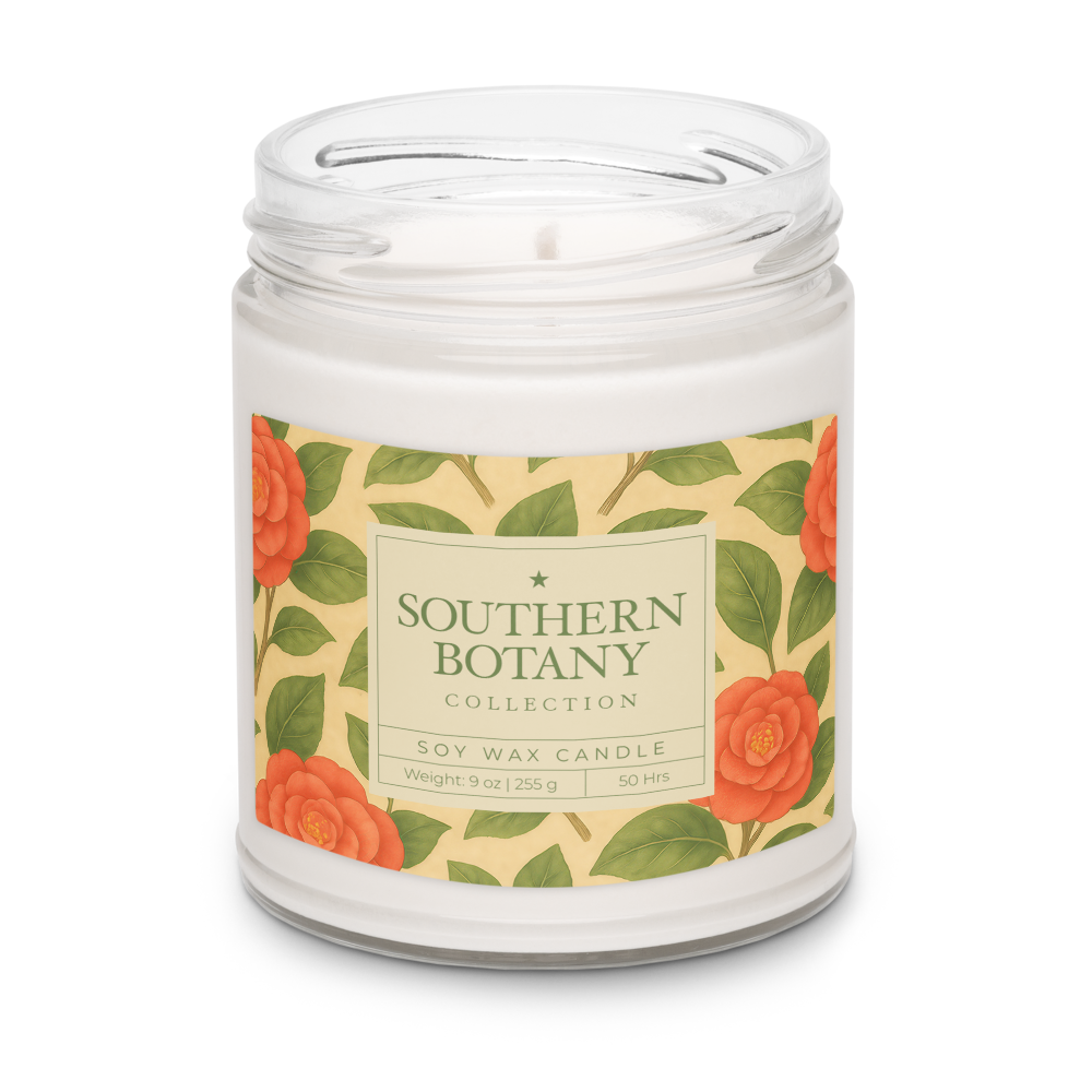 Southern Botany Collection Camellia candle in elegant floral design 9 oz soy wax for a charming botanical ambiance.
