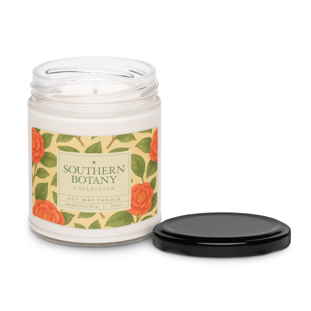Camellia candle from Southern Botany Collection, 9 oz, in floral designed glass jar with black lid.