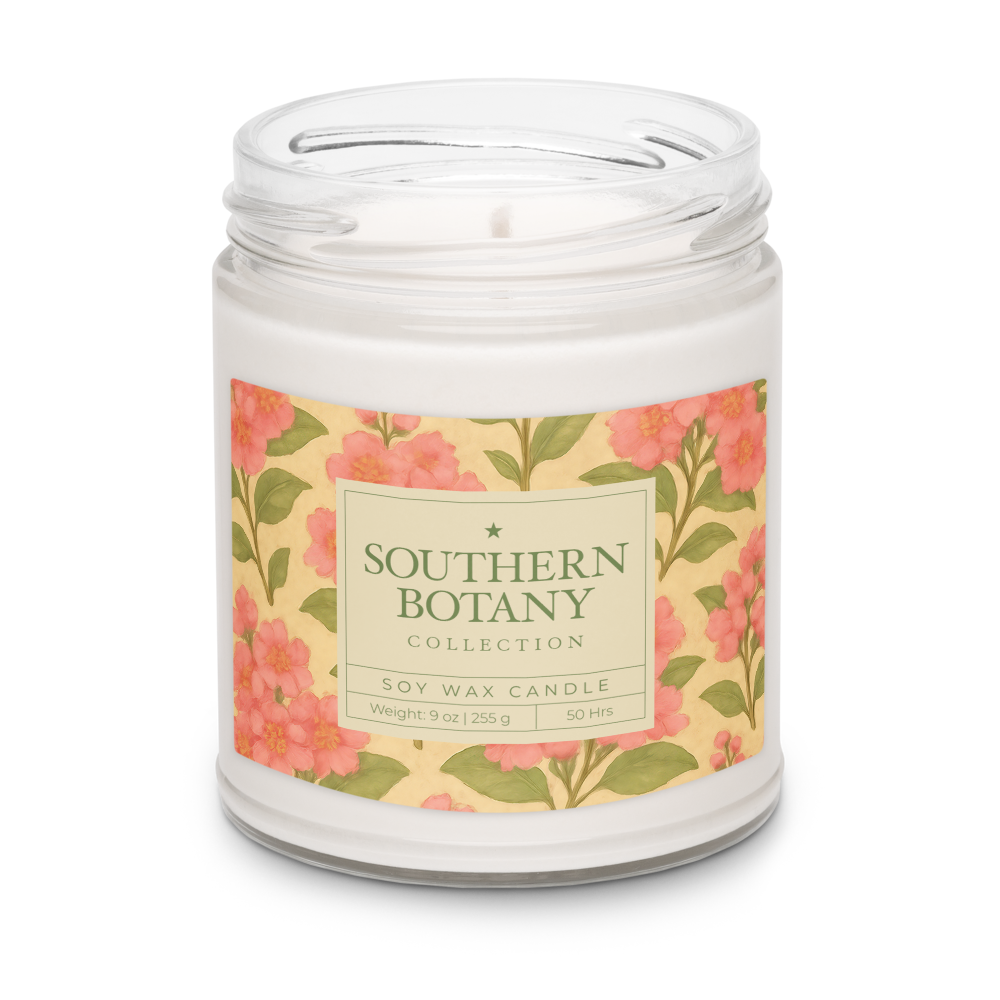 Crepe Myrtle candle from Southern Botany Collection in decorative floral vessel, 9 oz soy wax candle.