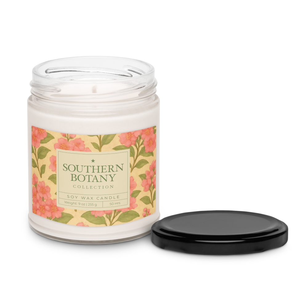 Crepe Myrtle candle from Southern Botany Collection featuring floral design, 9 oz soy wax, perfect for home ambiance.