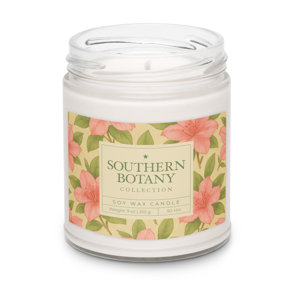 Azalea candle from Southern Botany Collection, 9 oz soy wax candle with floral design, perfect for home decor.