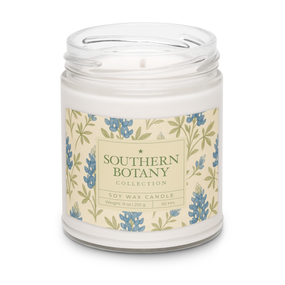Bluebonnet candle from Southern Botany Collection, 9 oz soy wax candle in elegant floral design.
