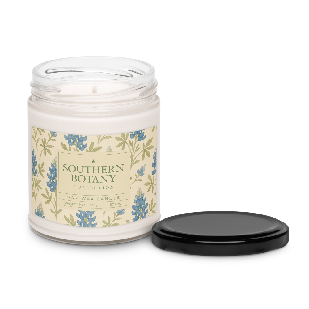Bluebonnet candle from the Southern Botany Collection in a decorative glass jar with floral design.