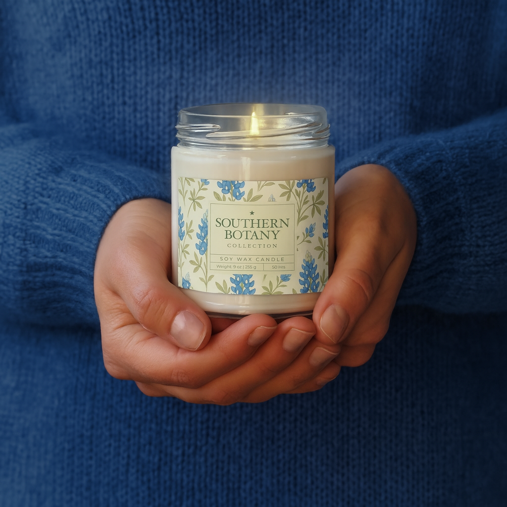 Woman holding Southern Botany Collection Bluebonnet candle, showcasing its elegant design and warm glow.