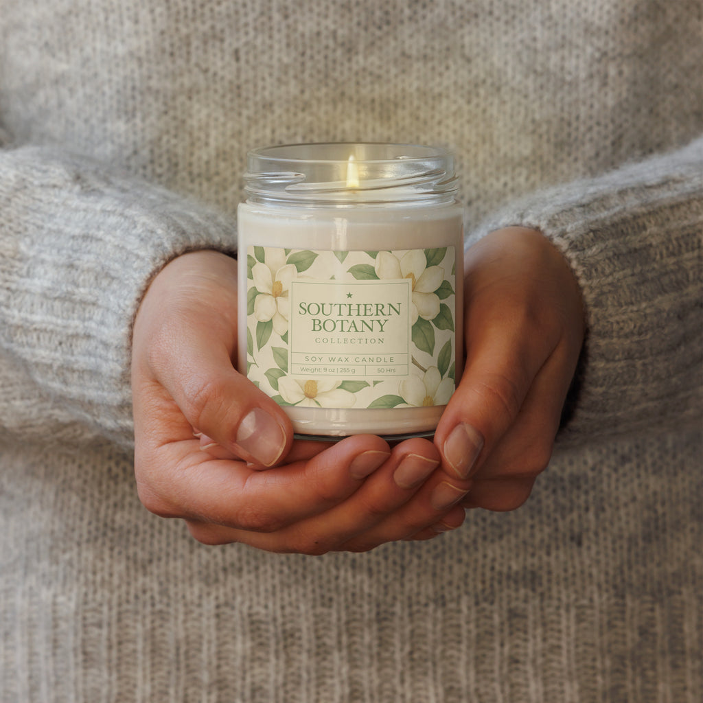 Person holding a Magnolia candle from Southern Botany Collection with floral design in a cozy setting.