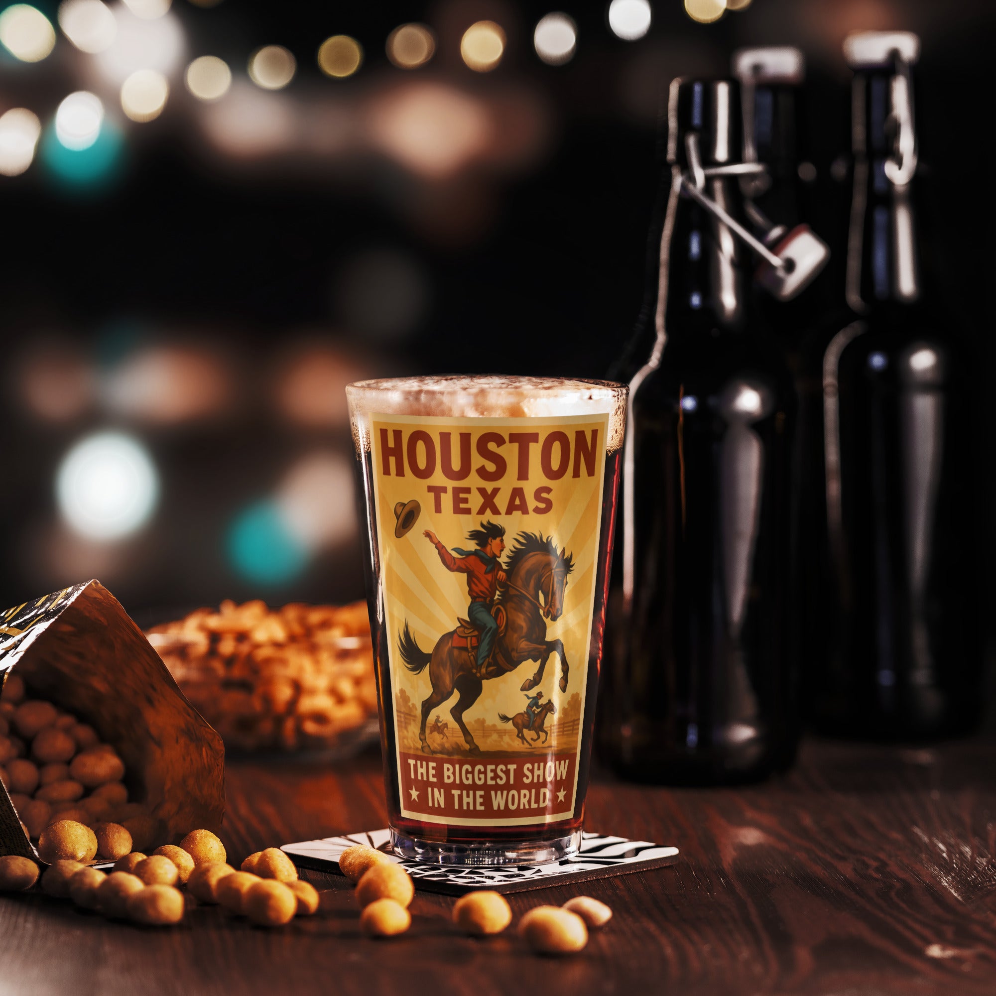 Vintage Houston Texas pint glass with cowboy design, showcasing rodeo spirit against a blurred festive background.