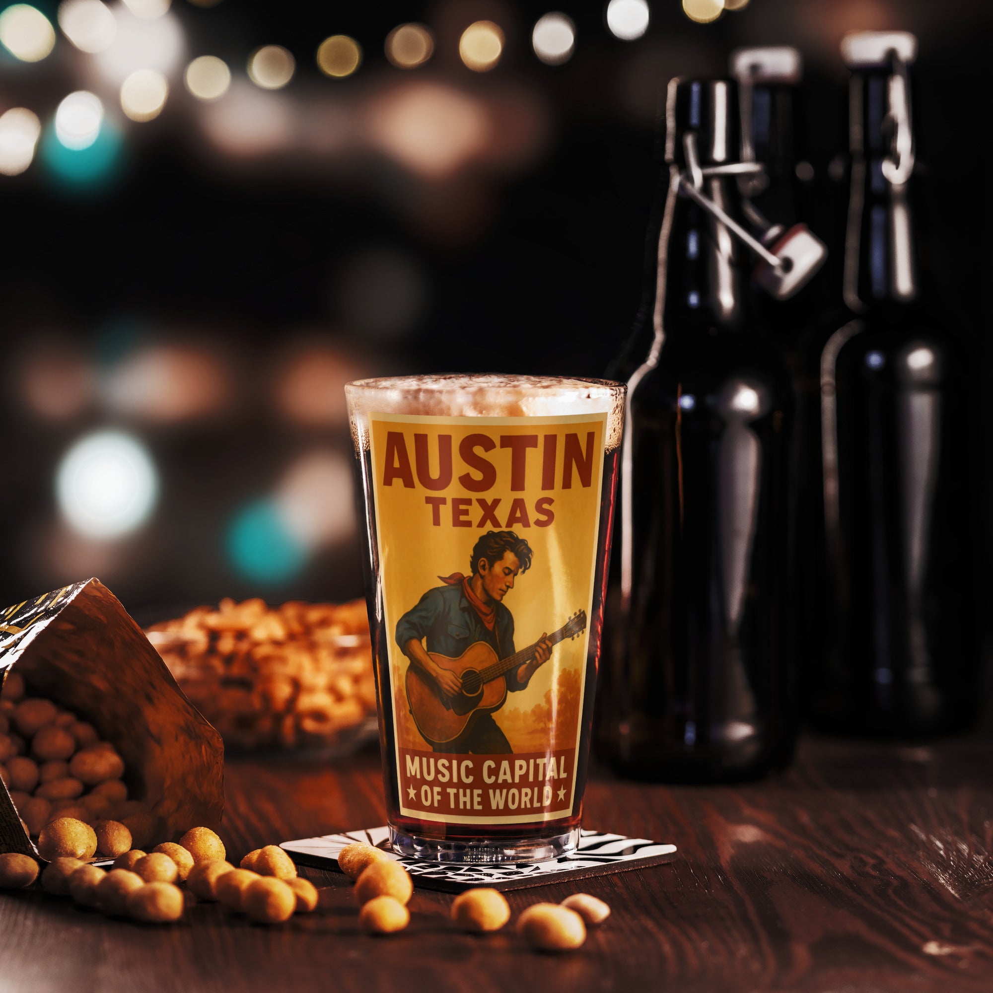 Vintage Austin Texas pint glass featuring a guitarist with retro design, celebrating the Live Music Capital of the World.