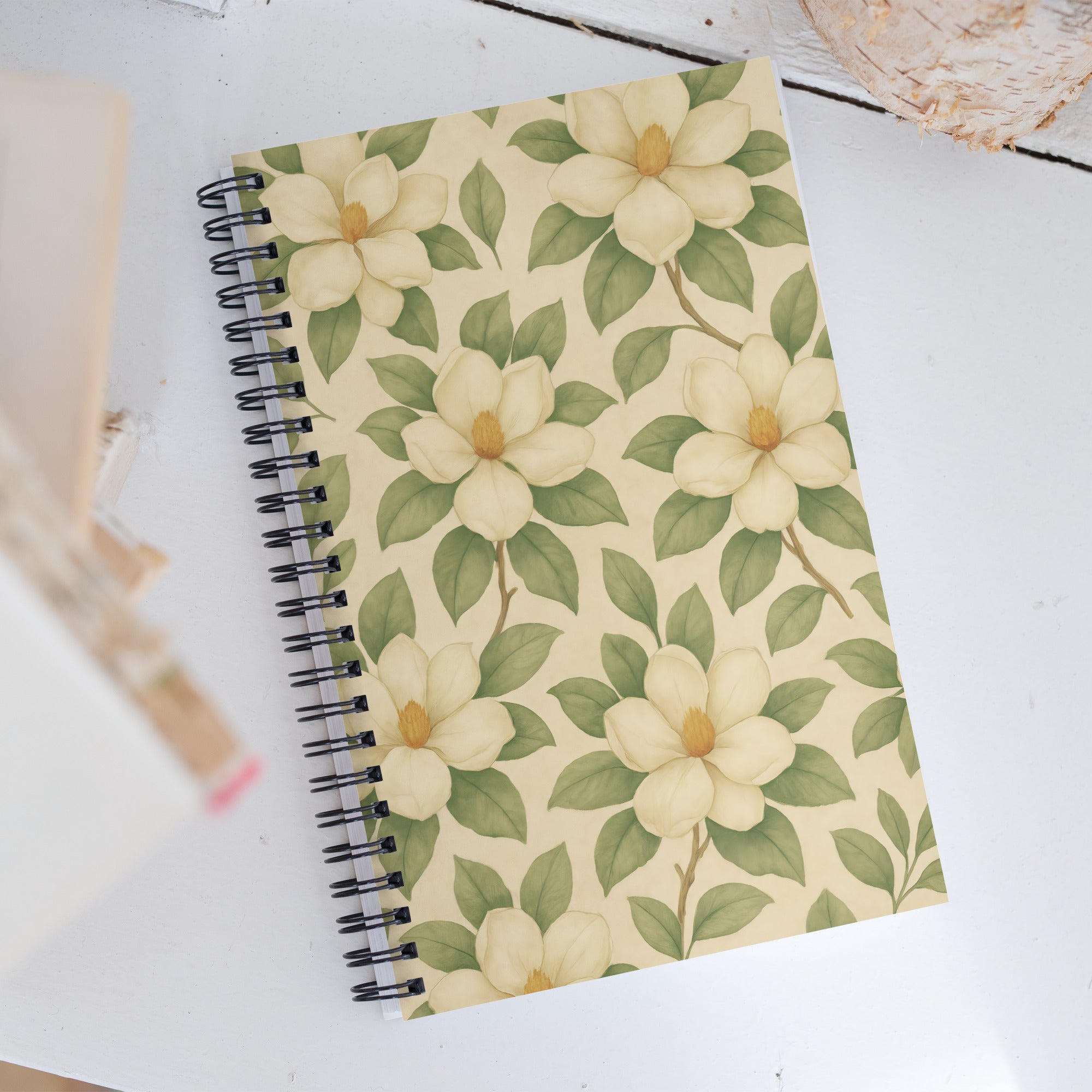 Magnolia Spiral Notebook with floral design on a white background, perfect for notes, sketching, and bullet journaling.
