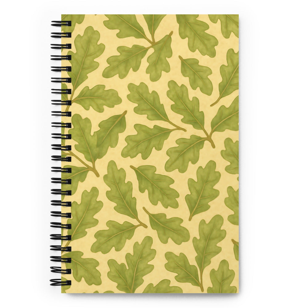 Live Oak Spiral Notebook with green oak leaf pattern on a yellow background, perfect for journaling and sketching.