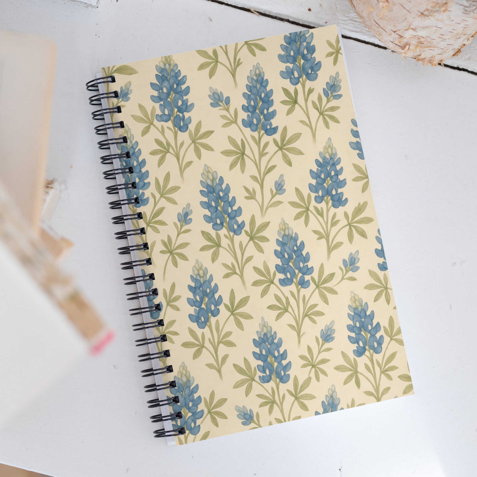 Bluebonnet spiral notebook with floral design, perfect for bullet journaling and creative planning.
