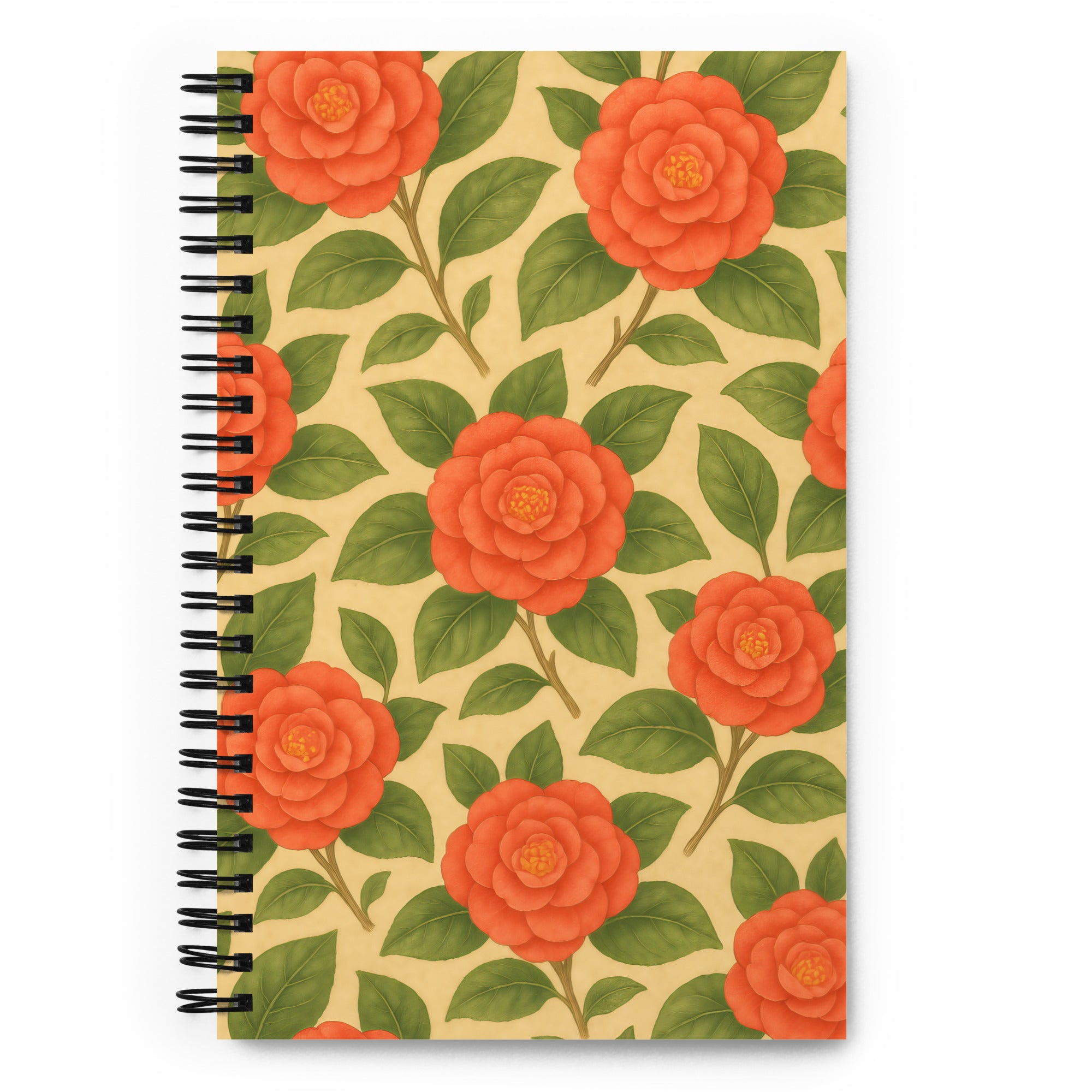 Camellia Spiral Notebook with floral pattern, perfect for bullet journaling and daily reflections.