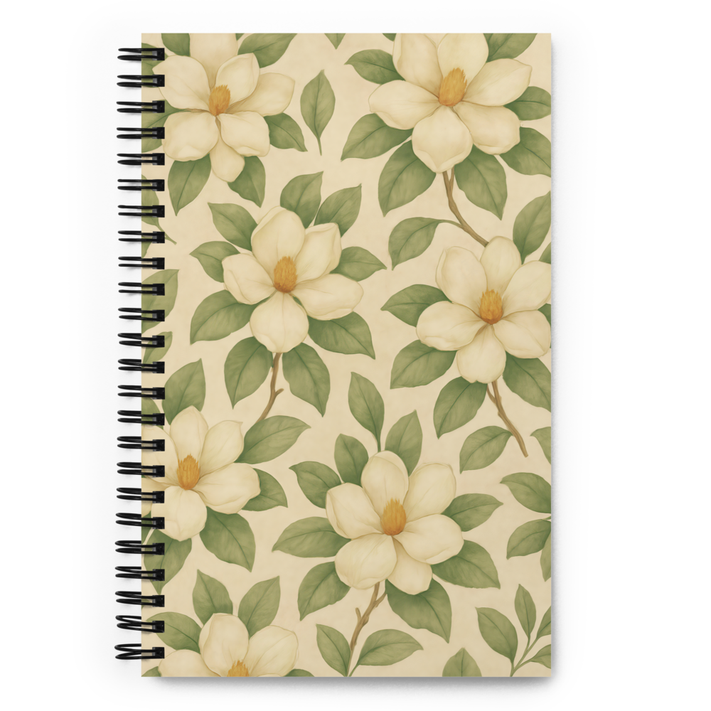 Magnolia Spiral Notebook featuring a floral pattern with dotted pages, perfect for journaling, sketching, and planning.