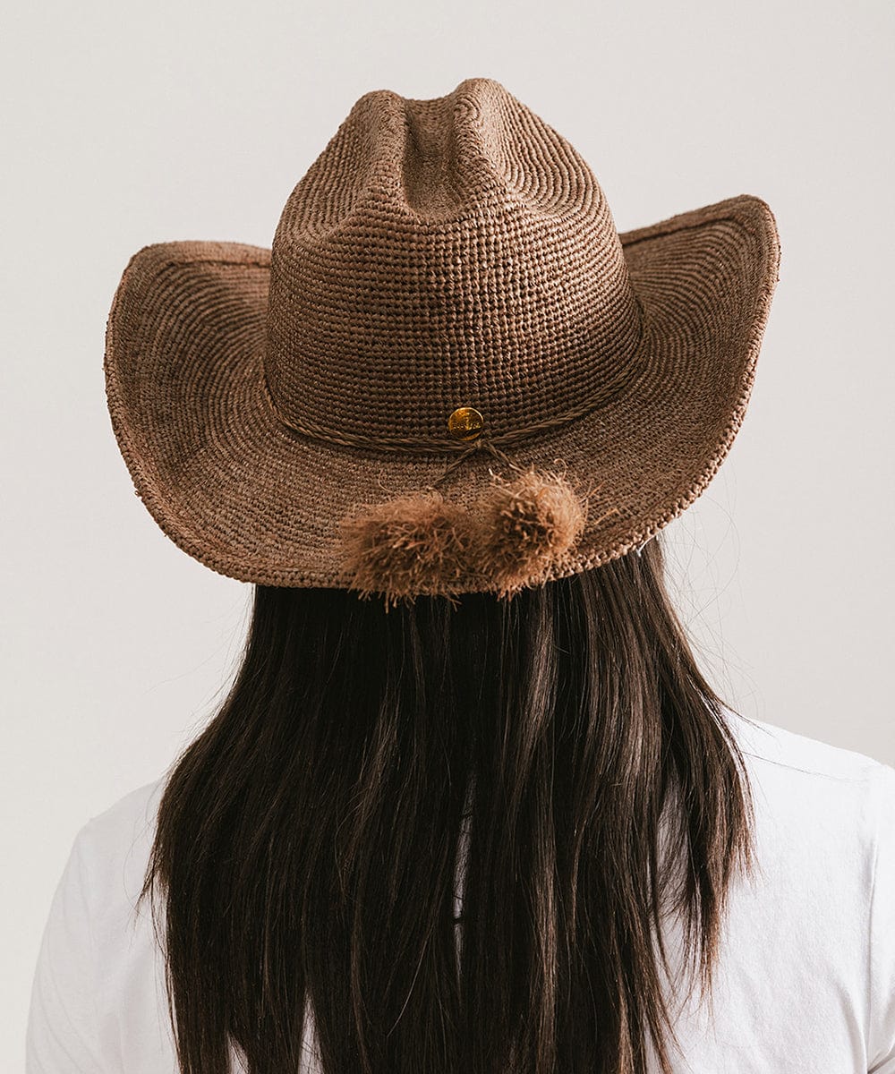 Back view of Ames Packable Straw Cowboy Hat with crochet raffia design, showcasing flexible brim and stylish details.